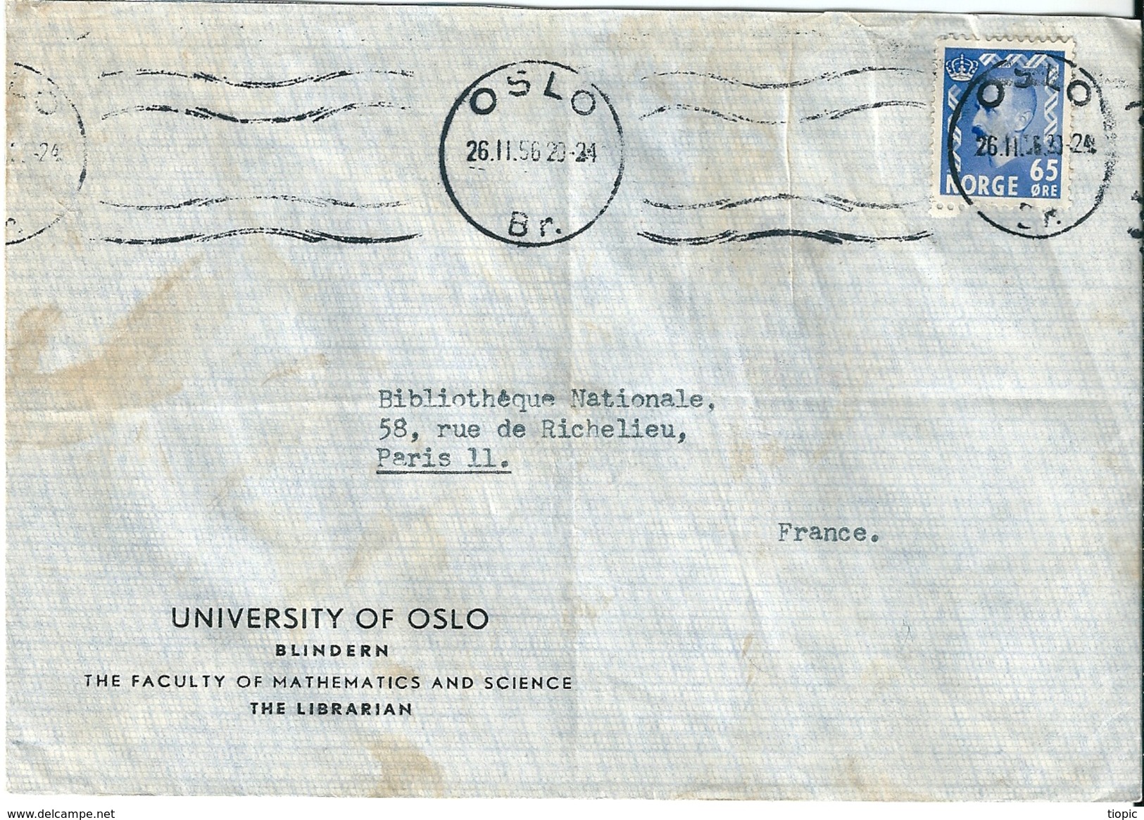 Enveloppe  Expédiée  De  L' Université  D' OSLO   (  SUEDE  )  à  Destination  De  PARIS        £ - Altri & Non Classificati