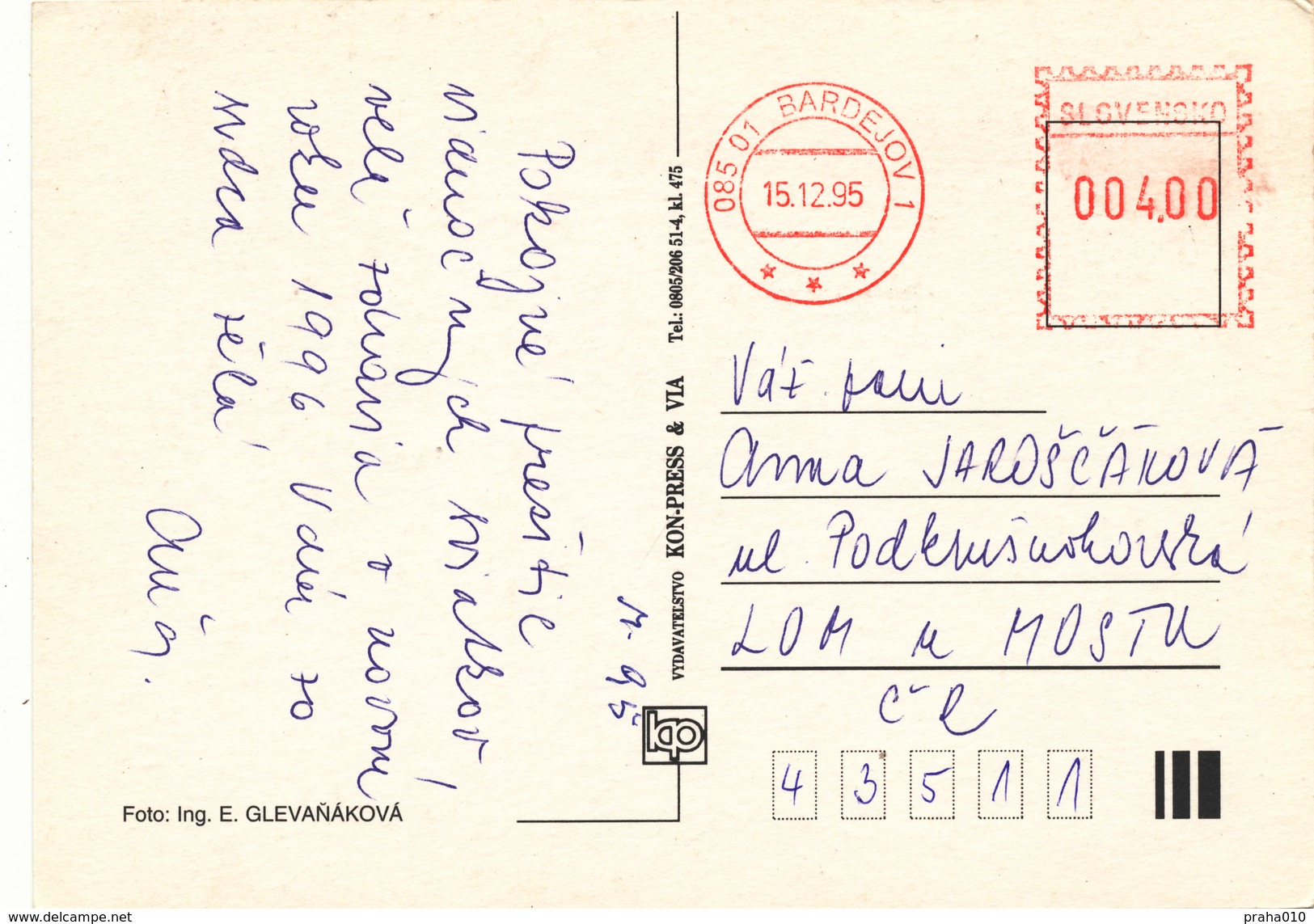 L1983 - Slovakia (1995) 085 01 Bardejov 1 (post Office Franking Machine) Postcard (to Czech Rep.); Tariff. 4,00 SKK - Storia Postale