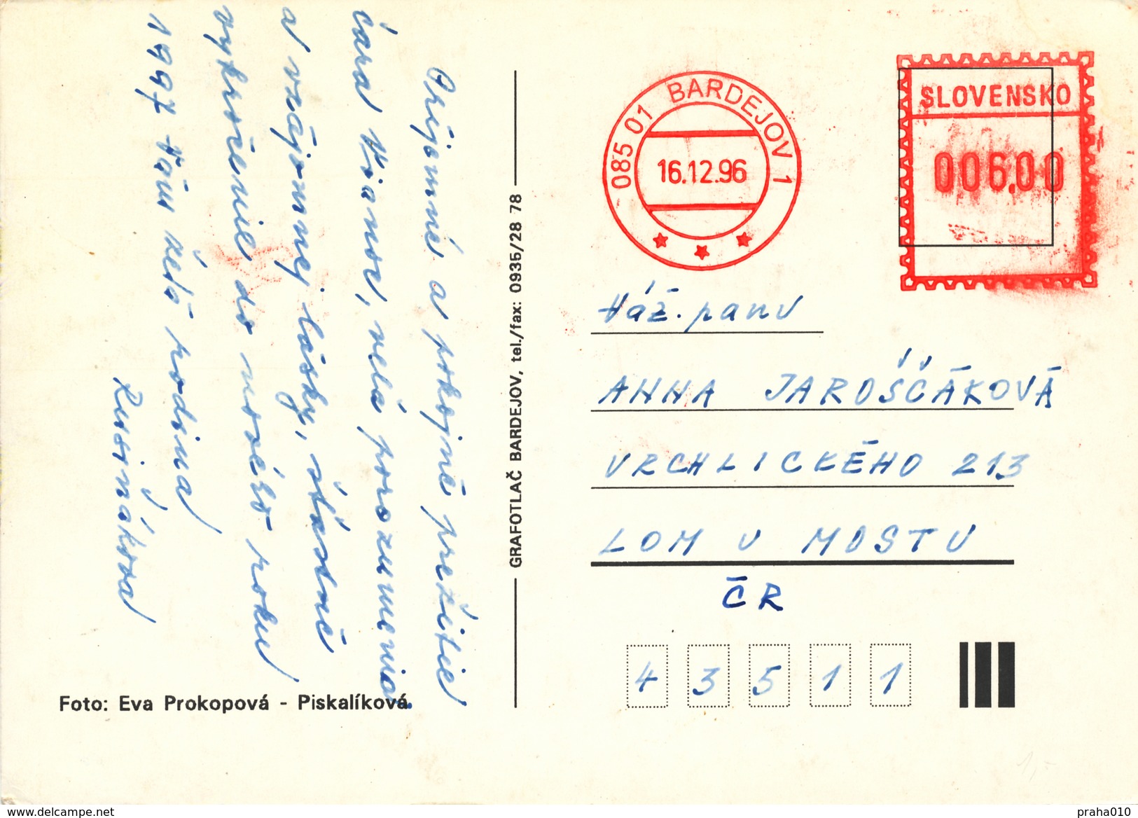 L1984 - Slovakia (1996) 085 01 Bardejov 1 (post Office Franking Machine) Postcard (to Czech Rep.); Tariff. 6,00 SKK - Cartas & Documentos