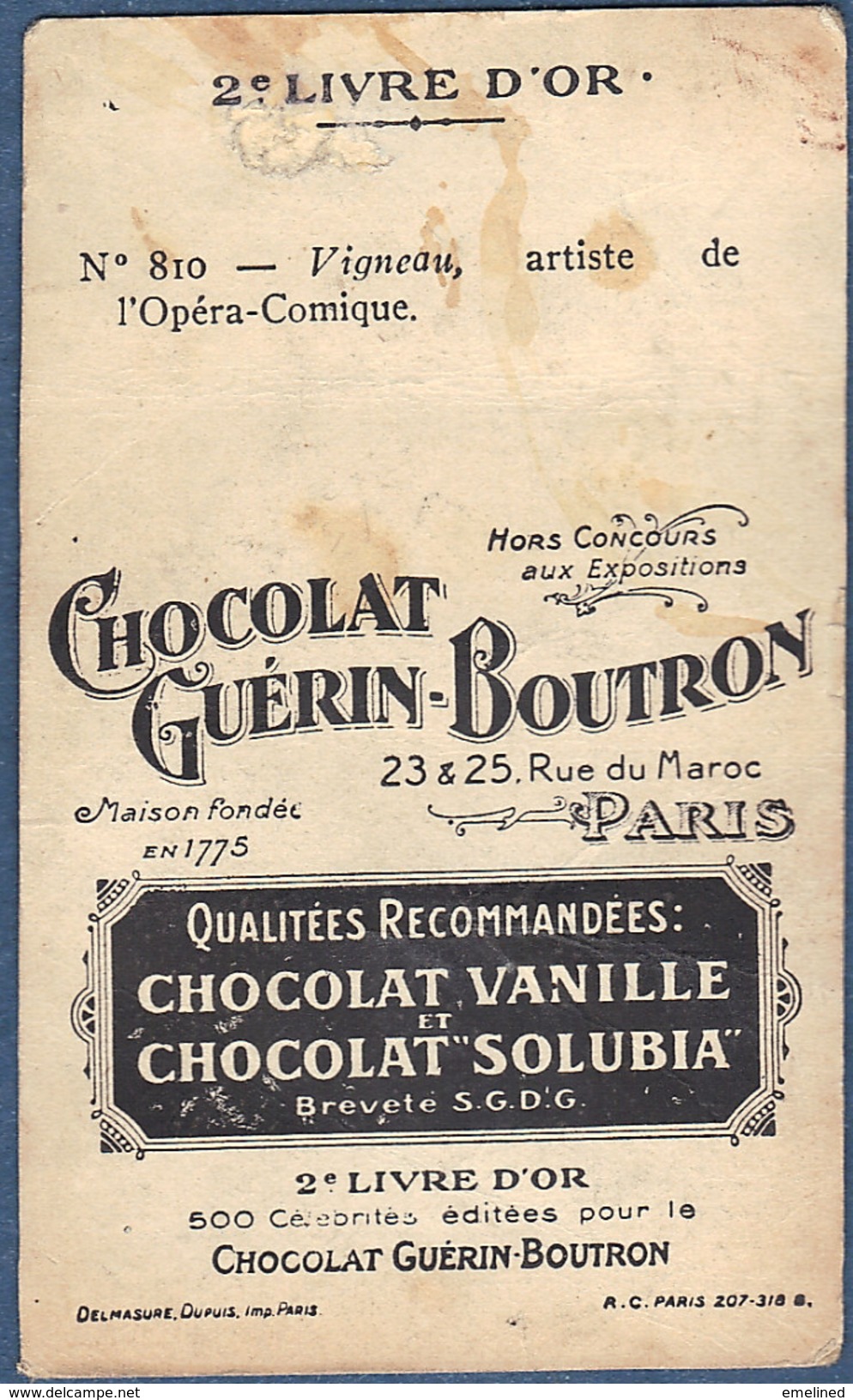 Chromo Chocolat Guerin-Boutron 2e Livre D´or Célébrités Contemporaines - 810 Vigneau Artiste Opéra Comique - Guérin-Boutron