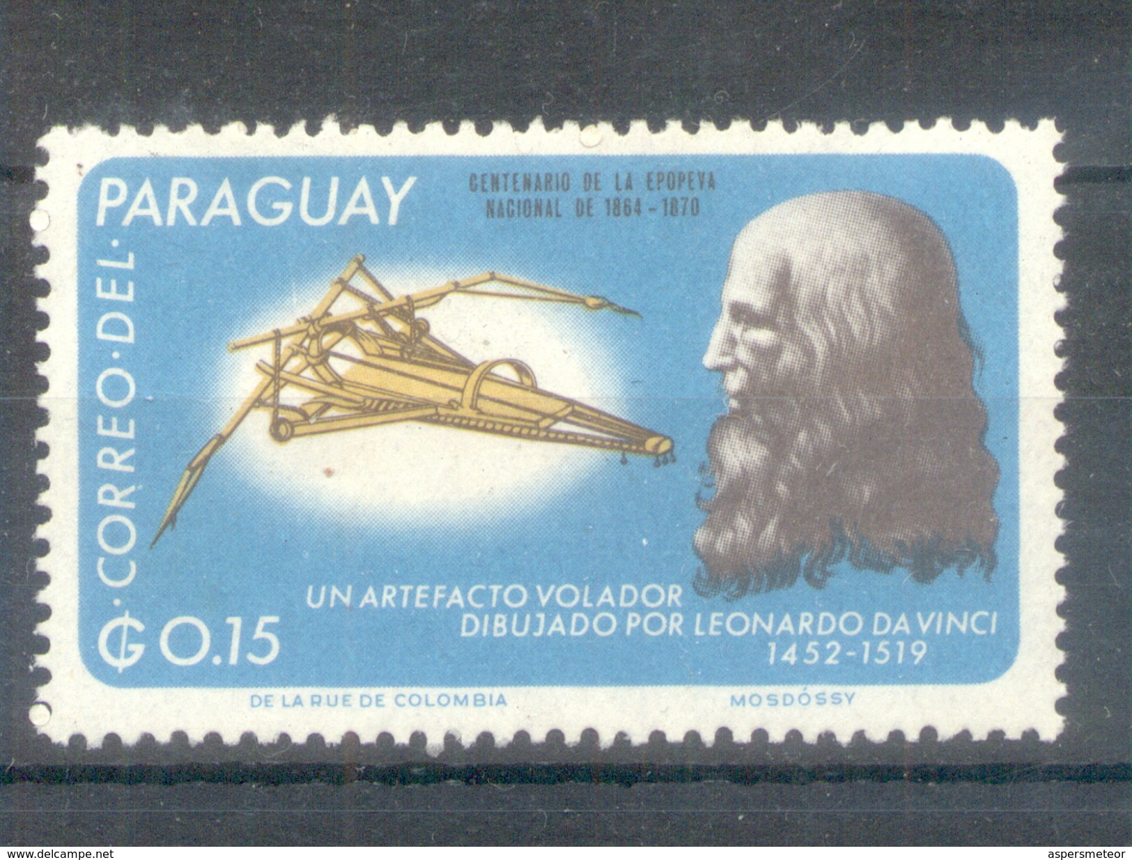 PARAGUAY - UN ARTEFACTO VOLADOR DIBUJADO POR LEONARDO DA VINCI (1452-1519) MNH TIMBRE AÑO 1966 PRECURSOR HELICOPTERO - South America