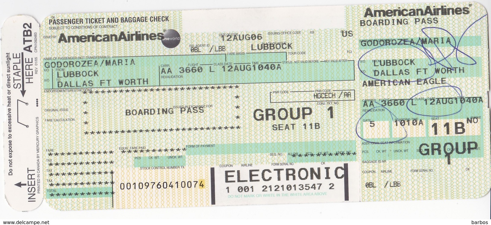 Lubbock- Dallas , Avion Ticket ,   2006 ,used - Europa