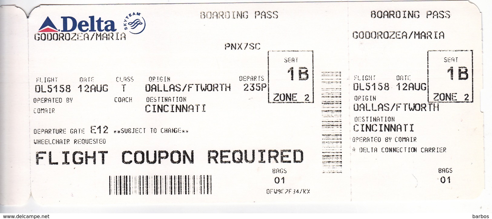 Dallas - Cincinnati , Avion Ticket ,   2006 ,used - Europe