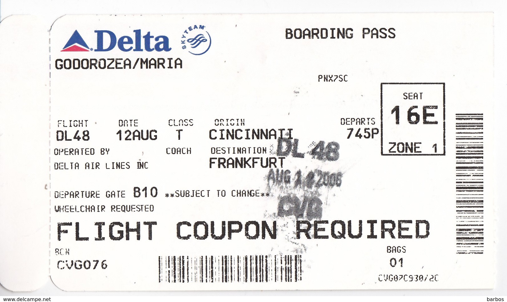 Cincinnati - Frankfurt , Avion Ticket ,   2006 ,used - Europe