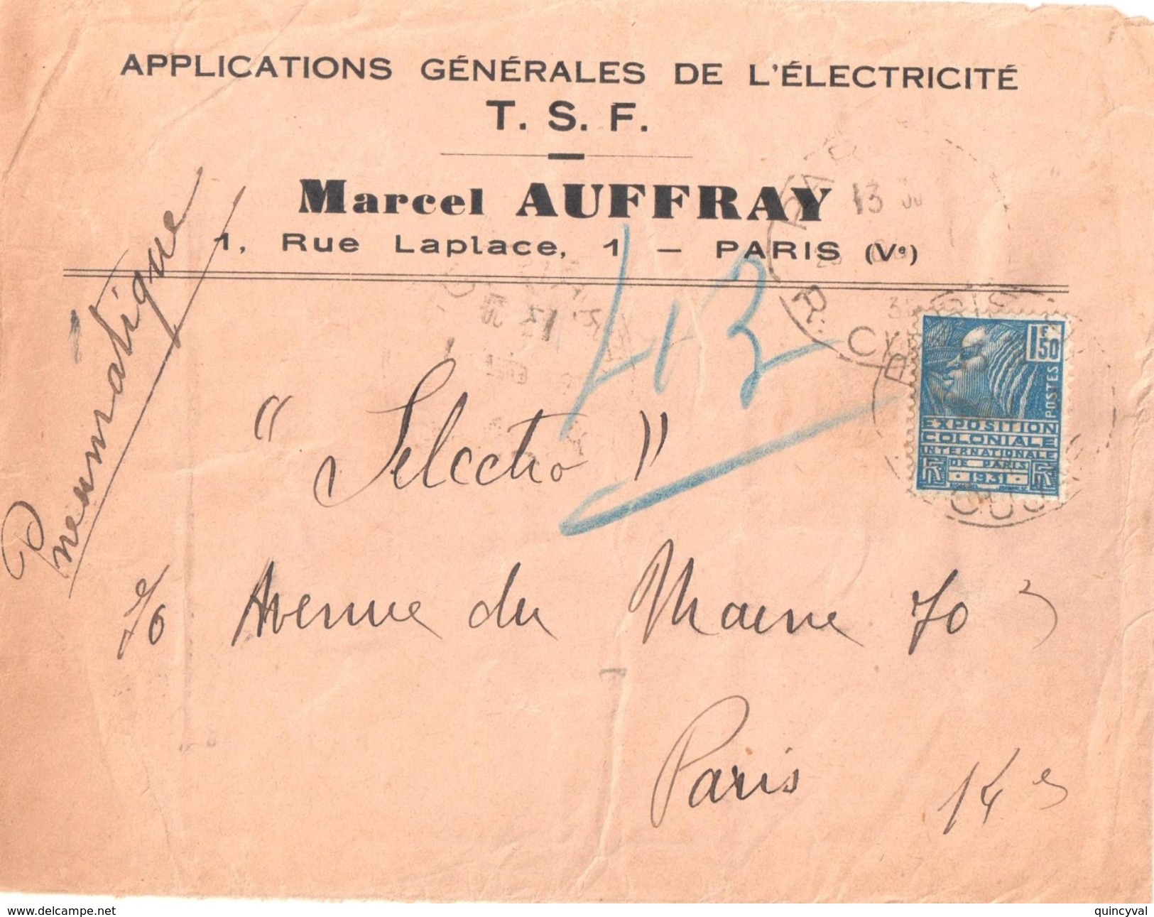 3679 PARIS 91 Cujas Pneumatique Lettre Entête Electricité TSF M. AUFFRAY Ob 26 1 1931 1,50 F Fashi 1931 Yv 273 - Lettres & Documents