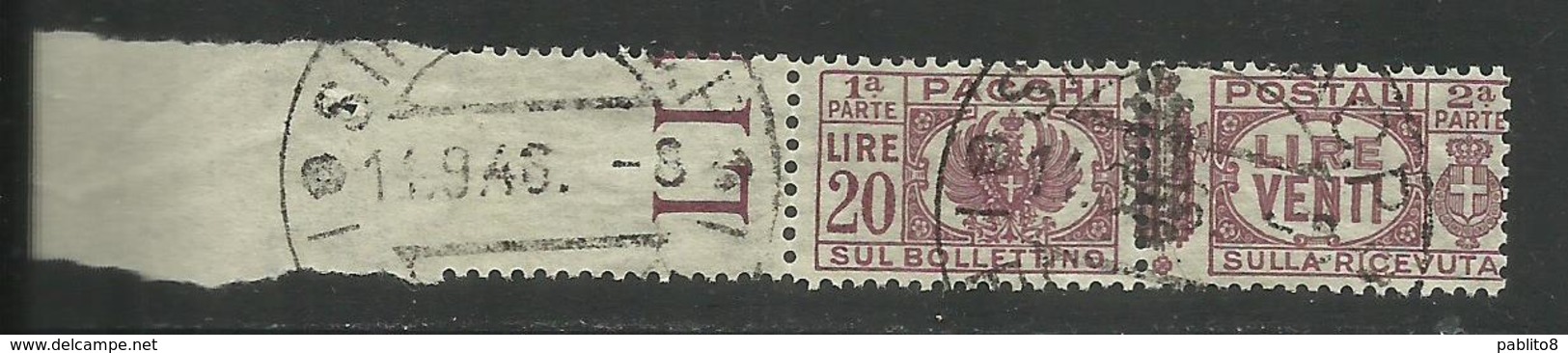 ITALY KINGDOM ITALIA REGNO 1945 LUOGOTENENZA 1945 PACCHI POSTALI FREGIO PARCEL POST LIRE 20 USATO USED OBLITERE' - Colis-postaux