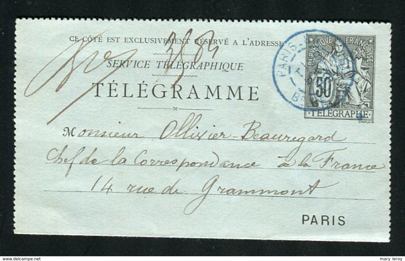 Télégramme 1889 - Pneumatische Post