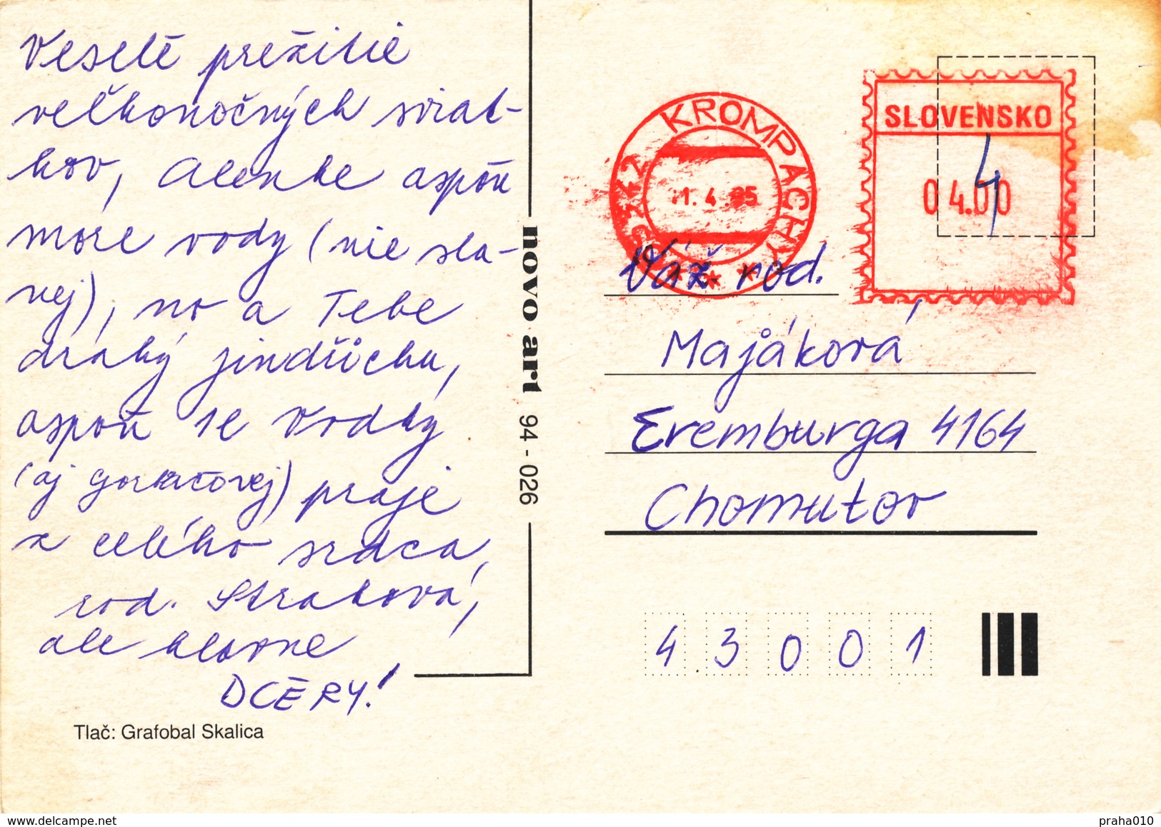 L1988 - Slovakia (1995) 053 42 Krompachy (post Office Franking Machine) Postcard (to Czech Rep.); Tariff: 4,00 SKK - Lettres & Documents