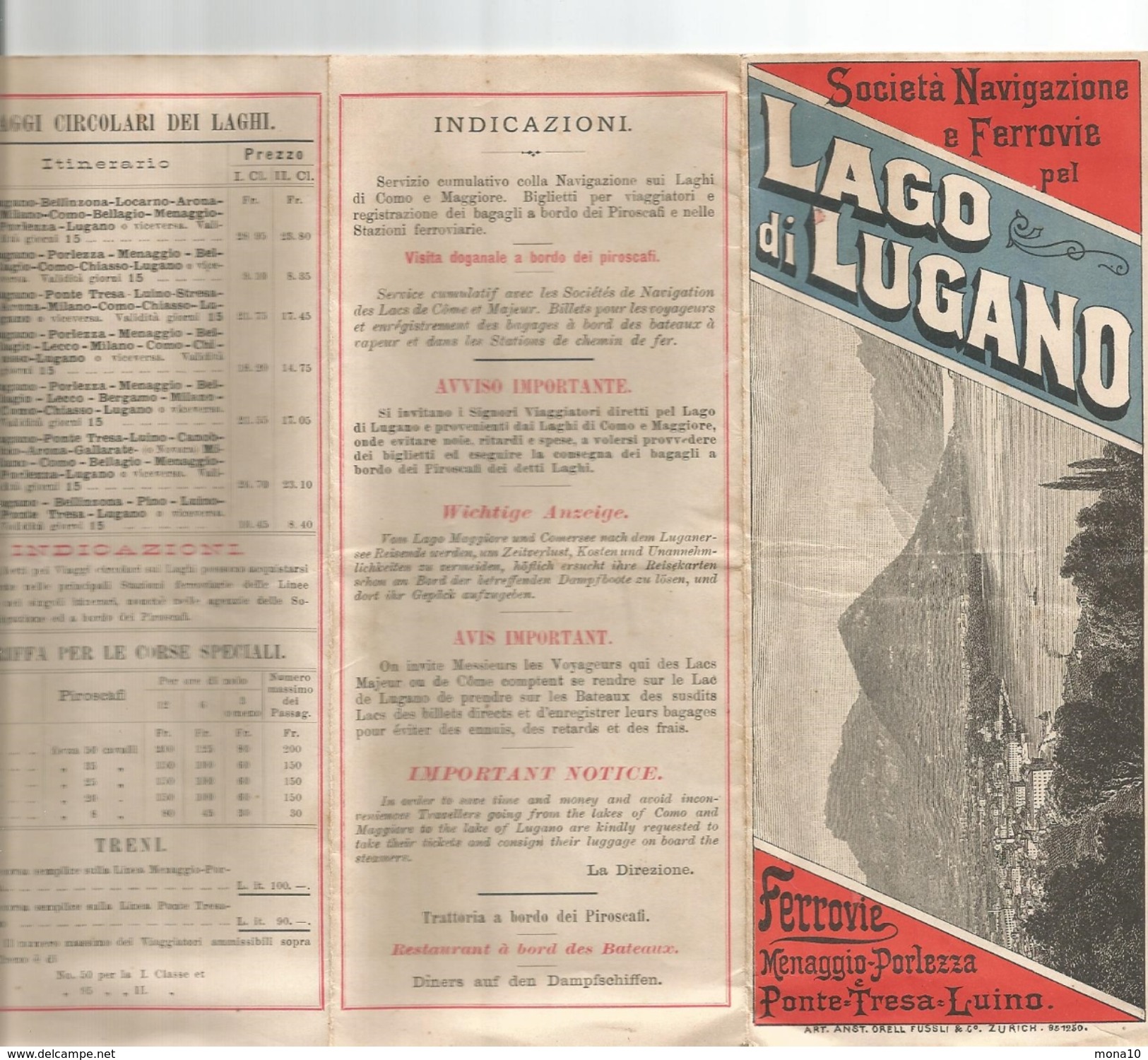 Suisse -Italie- Dépliant Touristique -Lago Di Lugano;Ferrovie,menaggio Porlezza,Ponte-Tresa-Luino; 1885 - Cuadernillos Turísticos