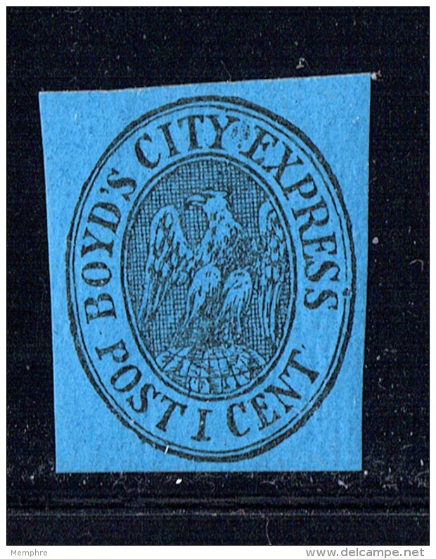 Boyd's City Express, New York  1 Cent Black On Blue, Full Original Gum  Scott 20L25 ** - 1845-47 Postmaster Provisionals