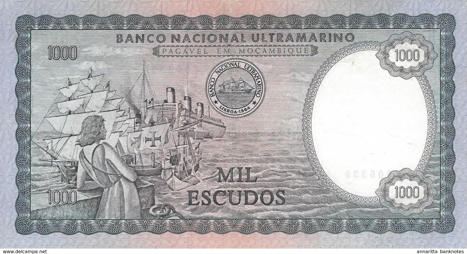 MOZAMBIQUE 1000 ESCUDOS 1972 P-112a AU/UNC WITHOUT PREFIX S/N 606339 RARE [MZ112a] - Mozambique