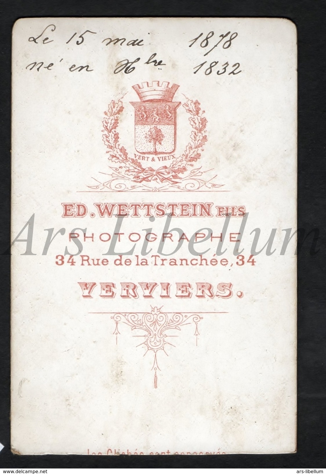 Photo-carte De Visite / CDV / Homme / Man / Ed. Wettstein / Verviers / 1878 / 2 Scans - Anciennes (Av. 1900)