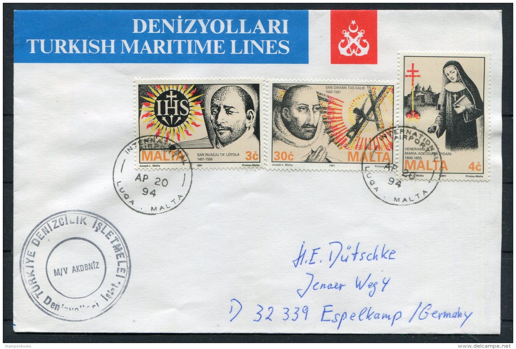 1994 Malta Turkey Ship M/V AKDBNIZ Cover - Malta