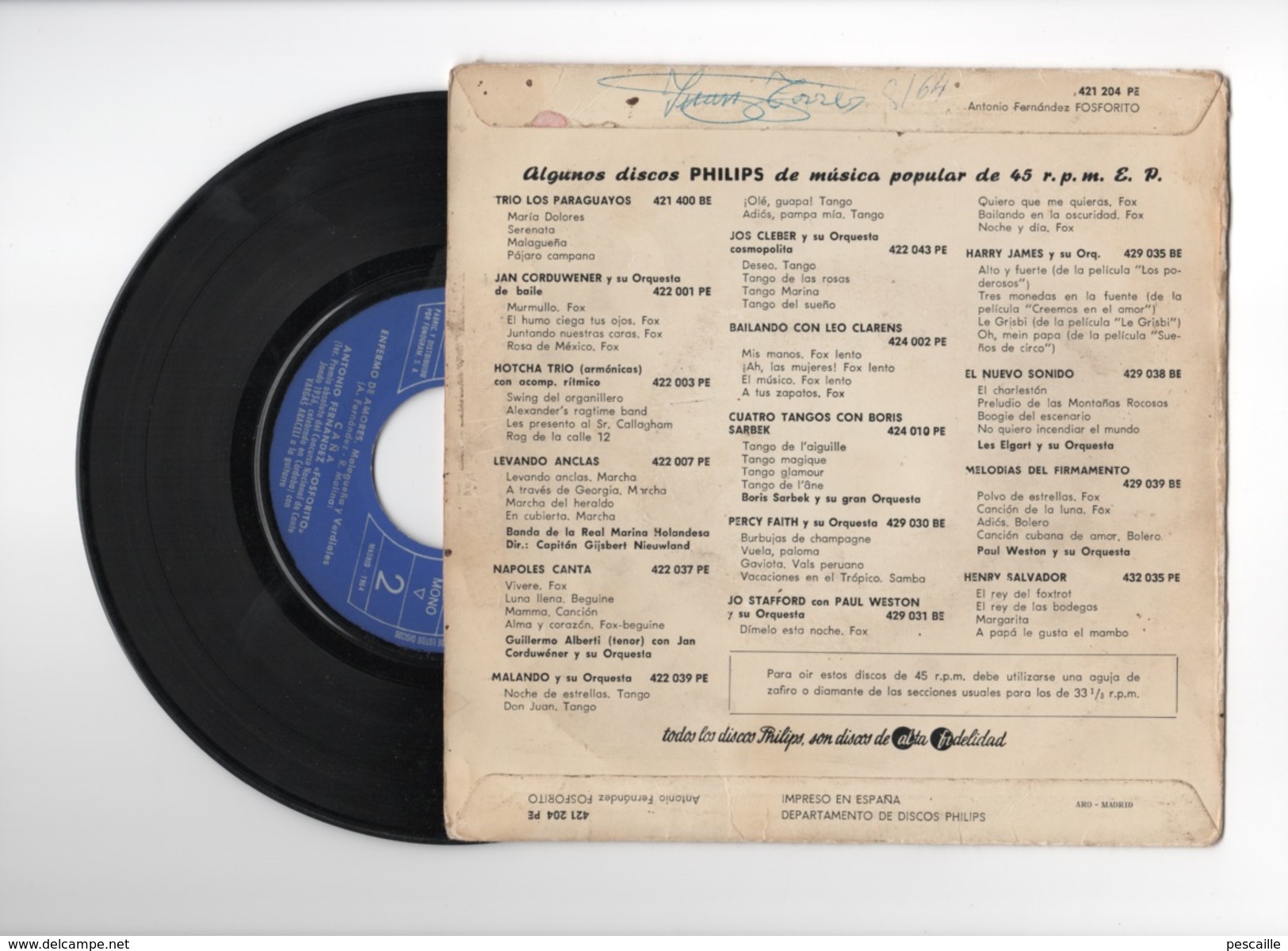 DISCO DE VINILO 45 T - ANTONIO FERNANDEZ - FOSFORITO - PHILIPS 1964 - Otros - Canción Española