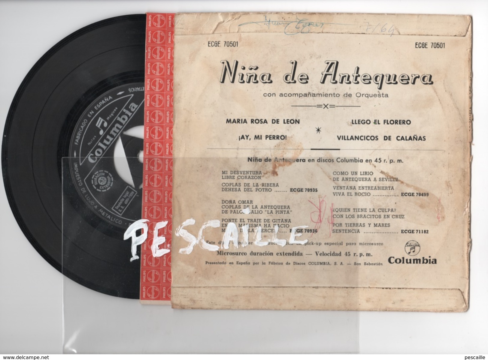 DISCO DE VINILO 45 T - NIÑA DE ANTEQUERA - MARIA ROSA DE LEON - COLUMBIA 1958 - Otros - Canción Española