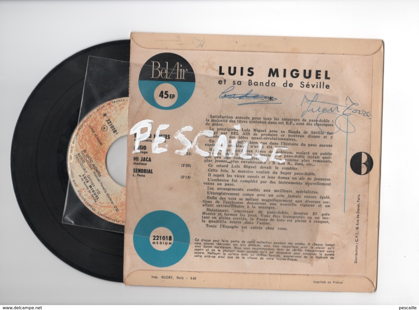 DISCO DE VINILO 45 T - PASO DOBLES - LUIS MIGUEL ET SA BANDA DE SEVILLE - BEL-AIR - Otros - Canción Española