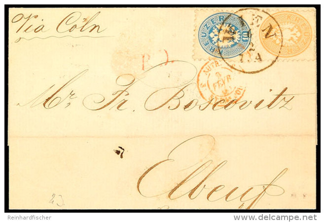 10 Kr. Blau Mit 15 Kr. Hellbraun, 5. Ausgabe, Als Buntfrankatur Auf Auslandsbrief Von WIEN 6/2 (K1 1865) Nach... - Otros & Sin Clasificación