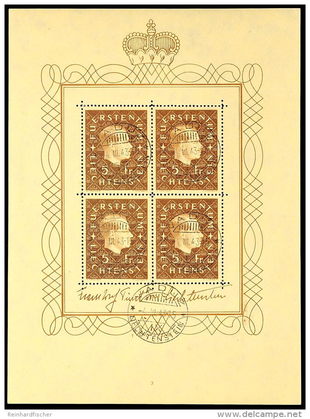 5 Fr. F&uuml;rst Franz Josef II, Kleinbogen, Gestempelt VADUZ 4.III.43, Mi. 200,-, Katalog: 185Klbg O5 Fr.... - Otros & Sin Clasificación