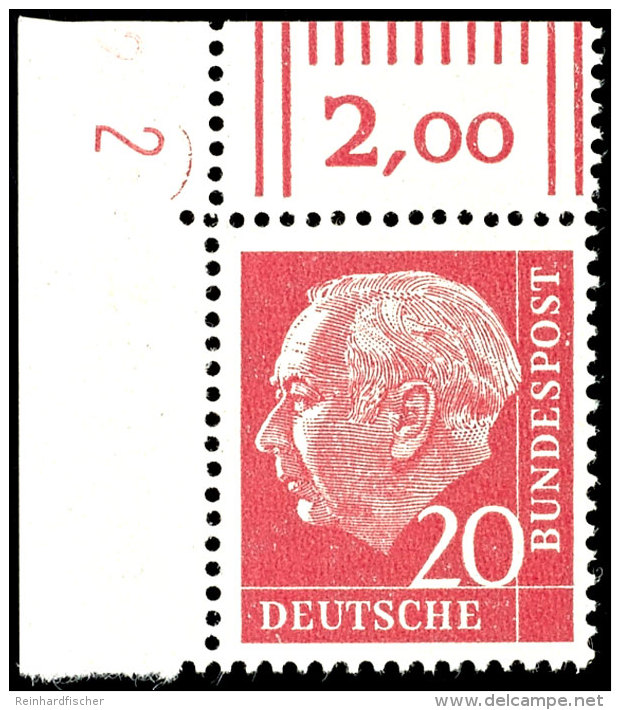 1960, Heuss-lumogen 20 Pf. Als Eckrandst&uuml;ck Mit DZ "2", Tadellos (unbeschriftet Und Ungefaltet), Mi. 160,--,... - Otros & Sin Clasificación