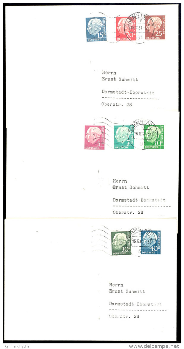 1960, "Heuss-lumogen" Kpl. Auf Drei Zuadressierten Satz-Briefen Mit Maschinen-Stpl. DARMSTADT 2, Auf Der... - Otros & Sin Clasificación