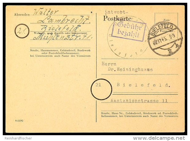 BIELEFELD 2, 6 Pfg GS-Postkarte, Violetter Geb&uuml;hr Bezahlt-Stempel, Schwarzes Dienstsiegel, Als... - Otros & Sin Clasificación