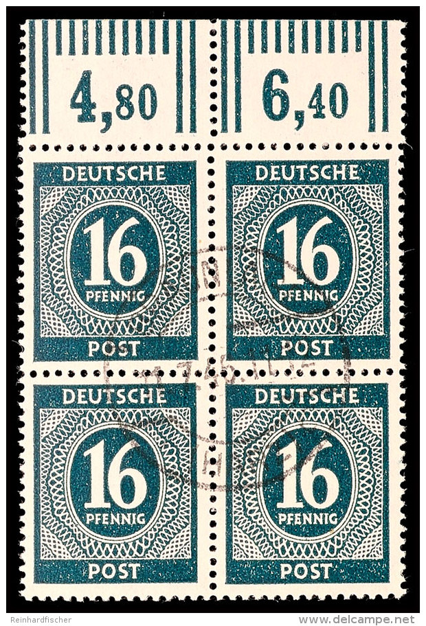 16 Pf. Ziffer Schwarzgr&uuml;nlichblau, Walzendruck, Oberrand-4er-Block Gestempelt BRAUNLAGE 11.7.46, Farbsign.... - Otros & Sin Clasificación