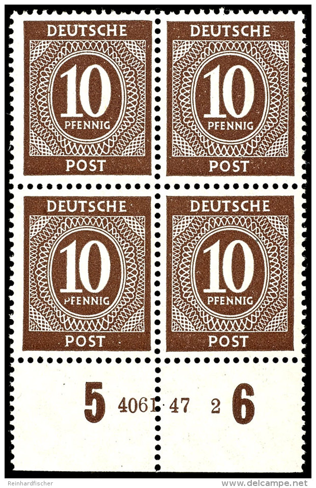 Ziffer 10 Pf. Tadellos Postfrischer Unterrandviererblock Mit HAN "4061.47 2", Mi. 200,--, Katalog: 918HAN... - Otros & Sin Clasificación