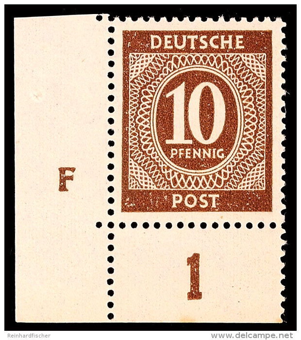 10 Pf. Ziffer Dunkelbraun, Linke Untere Bogenecke Mit Druckerzeichen "F", Postfrisch, Mi. 150,-, Katalog: 918DZ... - Otros & Sin Clasificación