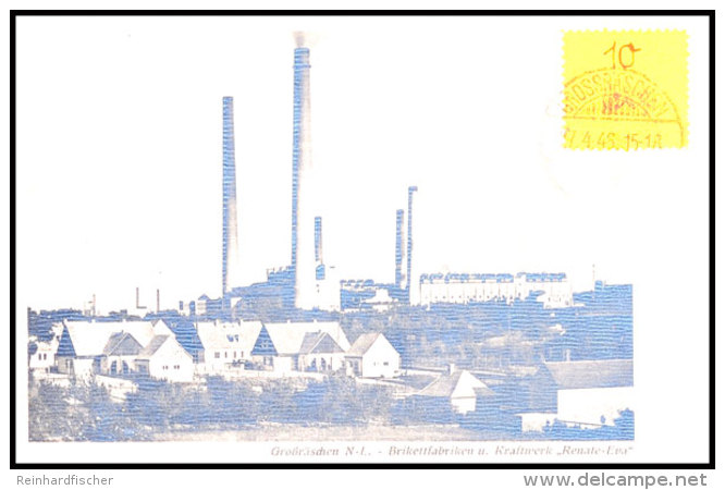 10 Pf. Geb&uuml;hrenzettel Ohne H&auml;mmer, Post Blau Vs. A. Ansichtskarte "Brikettfabrik U. Kraftwerk... - Grossraeschen