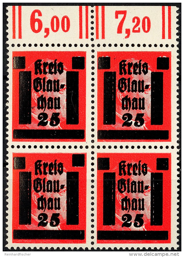 25 A. 12 Pf. Rot, Oberrand-4er-Block Mit Doppeltem Aufdruck, Postfrisch, Sign. Sturm, Mi. 300.-, Katalog: 7DD... - Glauchau