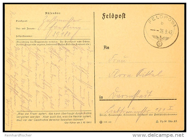 UdSSR: 1942, Feldpost-Vordruckkarte Mit Normstempel "b 26.9." Nach Darmstadt, Absenderangabe Mit Feldpost-Nummer... - Otros & Sin Clasificación