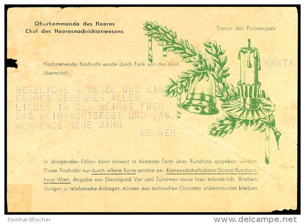 1944, FUNKNACHRICHTENKARTE KRETA Mit Tannenzweigaufdruck, Gebraucht Aus BERLIN SW 11 27.12. Mit Gru&szlig;text Und... - Otros & Sin Clasificación