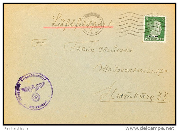 1942, Luftfeldpostbrief Mit  Ostland 5 Pfg Mit Tran-Maschinenstempel Von Riga / Lettland Nach Hamburg, Umschlag... - Otros & Sin Clasificación