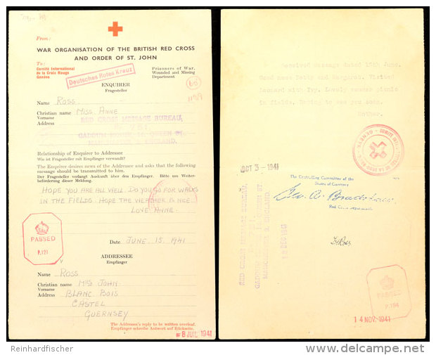 Nachrichten&uuml;bermittlung Vom 15.6.41 Auf Formular Vom Britischen Roten Kreuz Von England Nach Guernsey Und... - Otros & Sin Clasificación