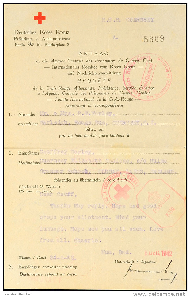 Nachrichten&uuml;bermittlung Vom 24.9.42 Auf Formular Vom Deutschen Roten Kreuz Von Guernsey Nach England Und... - Otros & Sin Clasificación