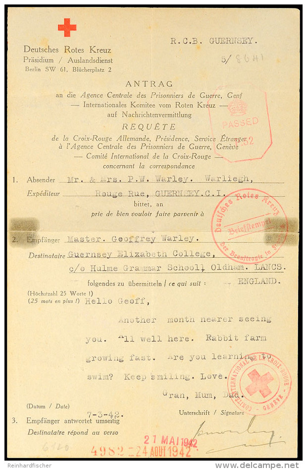 Nachrichten&uuml;bermittlung Vom 7.3.42 Auf Formular Vom Deutschen Roten Kreuz Von Guernsey Nach England Und... - Otros & Sin Clasificación