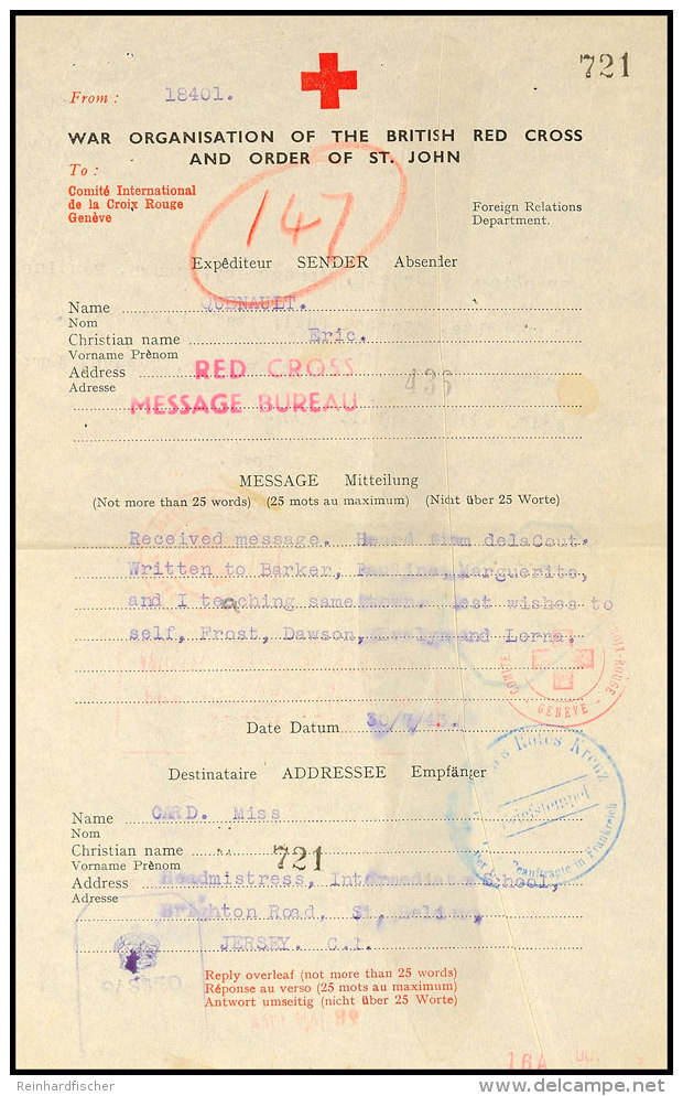 1944, Britisches Rotes Kreuz- Suchformular Mit Verschiedenen Zensur-Kontrollstempeln, Etwas Wasserfleckig Und... - Otros & Sin Clasificación
