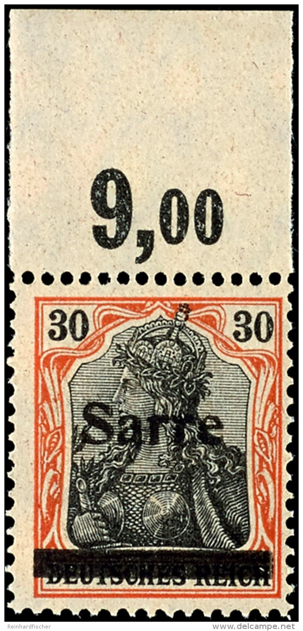 30 Pfg Germania Auf Orangewei&szlig;em Papier Mit Aufdruck "Sarre" In Type I, Plattenoberrandst&uuml;ck, Tadellos... - Otros & Sin Clasificación