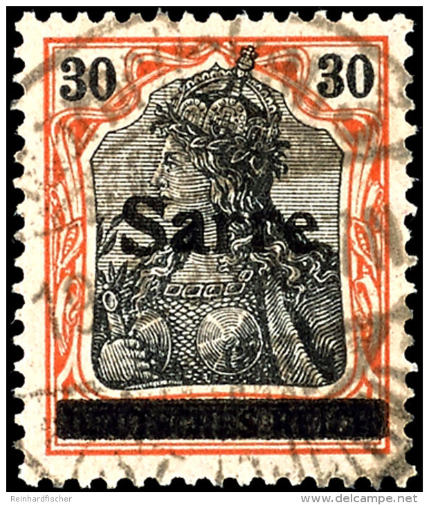 30 Pfg Germania Auf Orangewei&szlig;em Papier Mit Aufdruck "Sarre" In Type I, Gestempelt "Saarbr&uuml;cken 3 - *... - Otros & Sin Clasificación