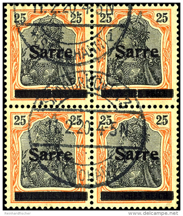 25 Pfg Germania Gelborange/schwarz Auf Gelbwei&szlig; Mit Aufdruck "Sarre" In Type I, Viererblock Mit Den... - Otros & Sin Clasificación