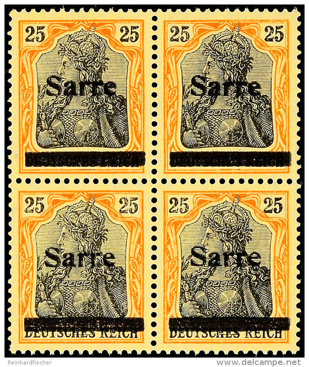 25 Pf Germania Sarre Viererblock In B-Farbe Mit Aufdruck Type III Tadellos Postfrisch, Gepr. Dr. Dub Und Fotobefund... - Otros & Sin Clasificación