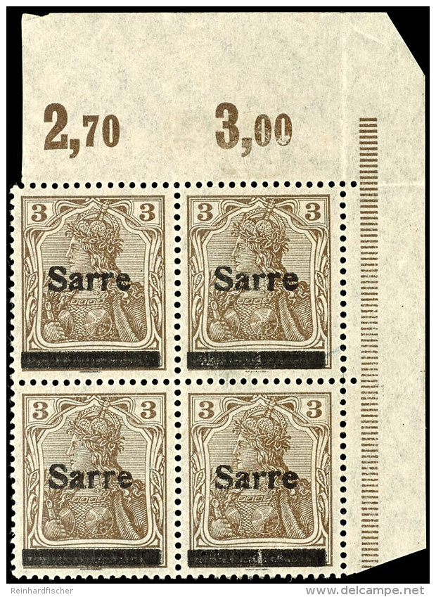 3 Pfg Germania Mit Aufdruck "Sarre" In Type II, Viererblock Vom Eckrand Oben Rechts (Feld 9/10 Und 19/20),... - Otros & Sin Clasificación