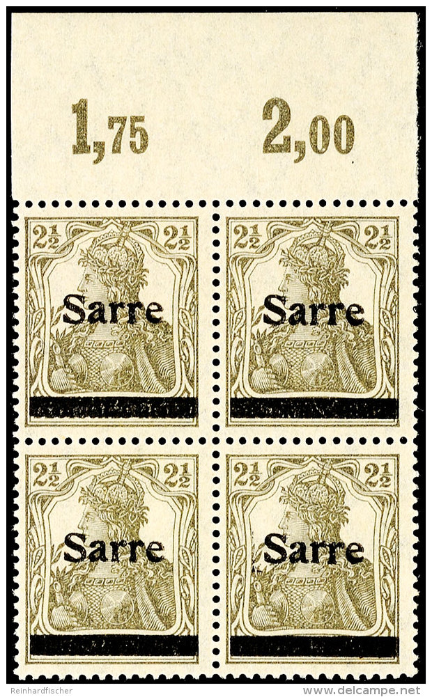 2 1/2 Pfg Germania In Dunkelgr&uuml;ngrau (sog. Bronzegrau) Mit Aufdruck "Sarre" In Type I, Viererblock Vom... - Otros & Sin Clasificación