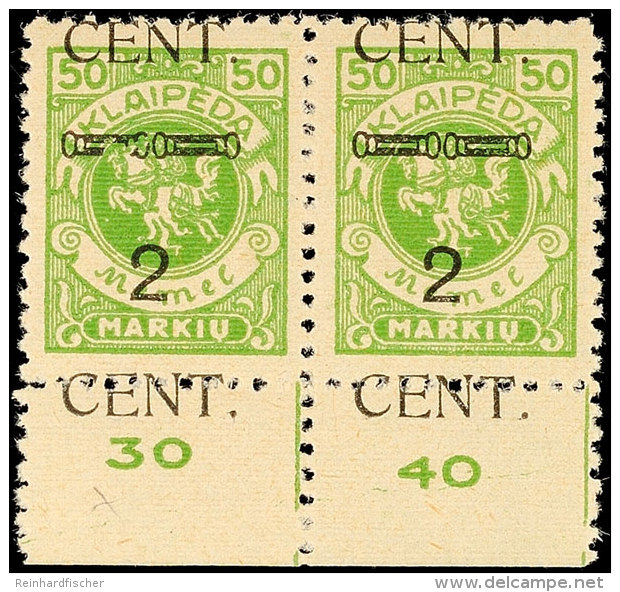 2 C Auf 50 M, Type IV, Waagr. Paar Vom Bogenunterrand, Dabei Linke Marke Mit Plattenfehler "linker Zierbalken Zu... - Memel (Klaipeda) 1923