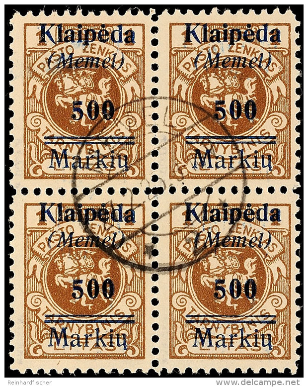 10 M. Auf 5 C. - 500 M. Auf 1 L., Komplett In Zentrisch Gestempelten 4er-Blocks, Gepr&uuml;ft Dr. Petersen BPP, Mi.... - Memel (Klaipeda) 1923