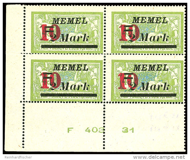 10 Auf 2 Mark. Auf 45 C. Gr&uuml;n, Postfrischer Kabinett-Viererblock Aus Der Linken Unteren Bogenecke Mit... - Memel (Klaipeda) 1923