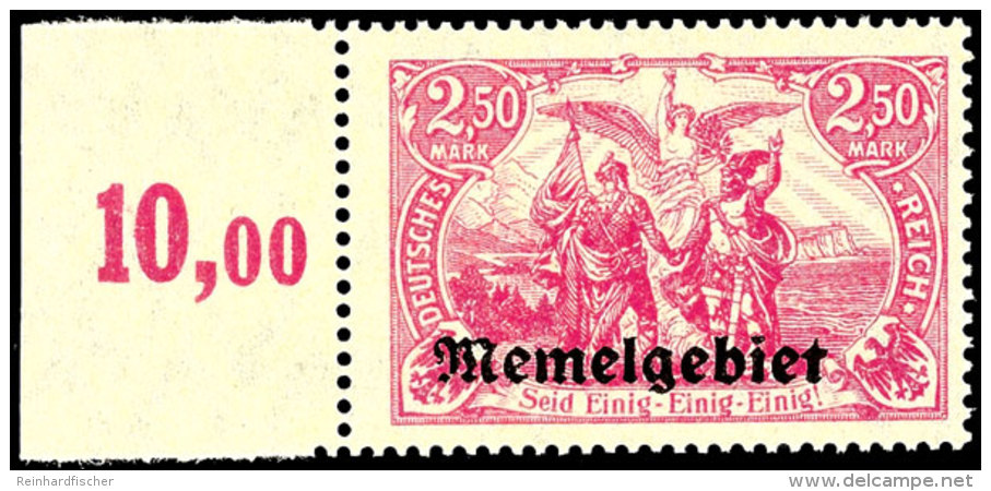 2,50 Mark Germania Mit Aufdruck "Memelgebiet", Dunkelrosalila, Tadellos Postfrisches Luxusst&uuml;ck Dieser Sehr... - Memel (Klaipeda) 1923