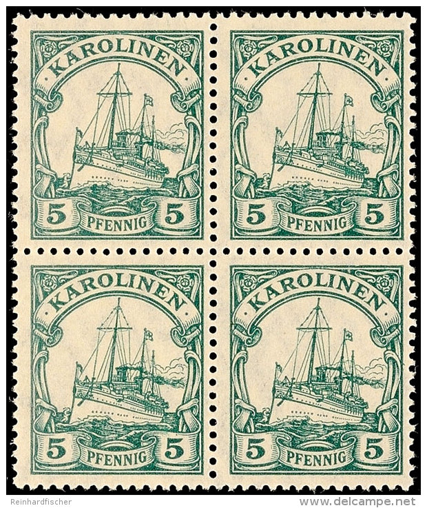 5 Pfg Kaiseryacht Mit Wasserzeichen, Tadellos Postfrischer Viererblock, Mi. 152.-, Katalog: A21VBl. **5 Pfg... - Islas Carolinas