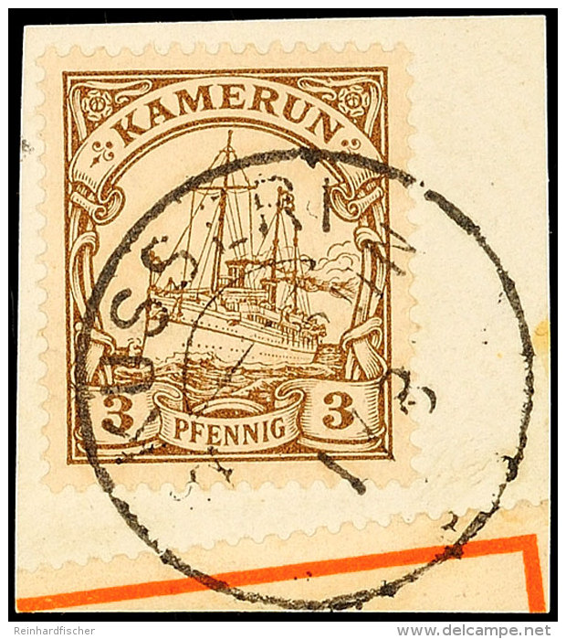 KUSSERI 1/8, Zentrisch Auf Briefst&uuml;ck 3 Pf. Kaiseryacht, Katalog: 7 BSKUSSERI 1 / 8, Centric On Piece 3... - Camerún