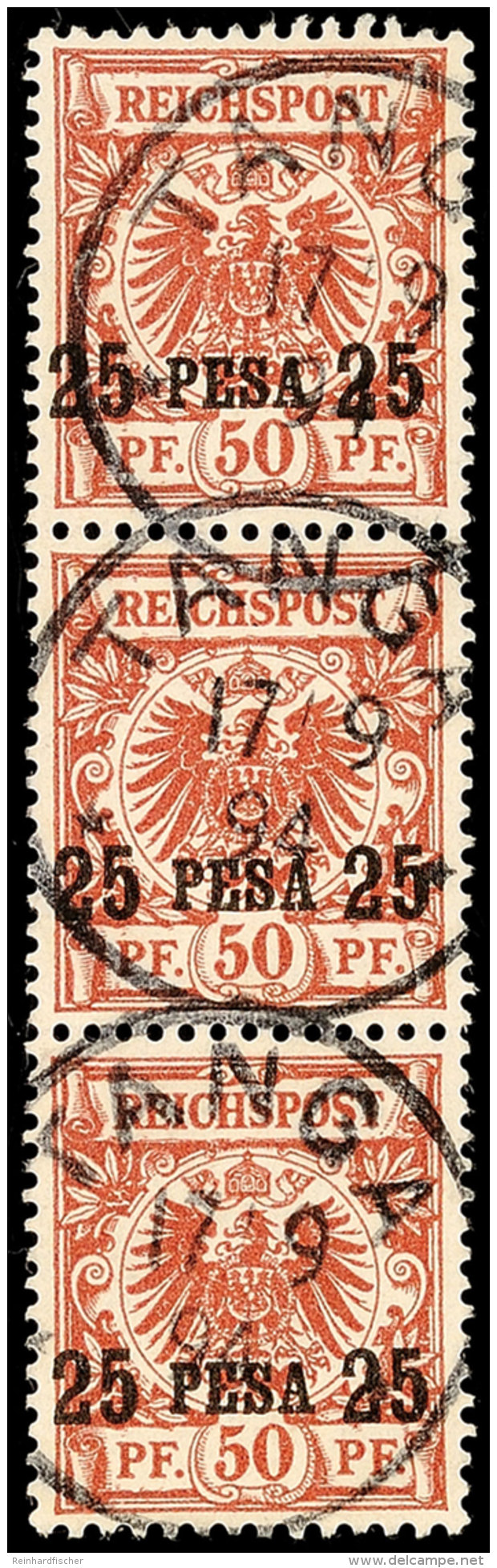 25 Pesa Auf 50 Pf. Krone/Adler, Aufdruck Type II, Senkr. 3er-Streifen, Jede Marke Zentrisch Klar TANGA 17/9 94,... - África Oriental Alemana